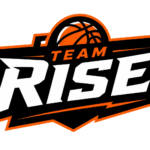 Team Rise Basketball logo featuring bold white lettering, orange basketball graphic, and black shield design on a transparent background.